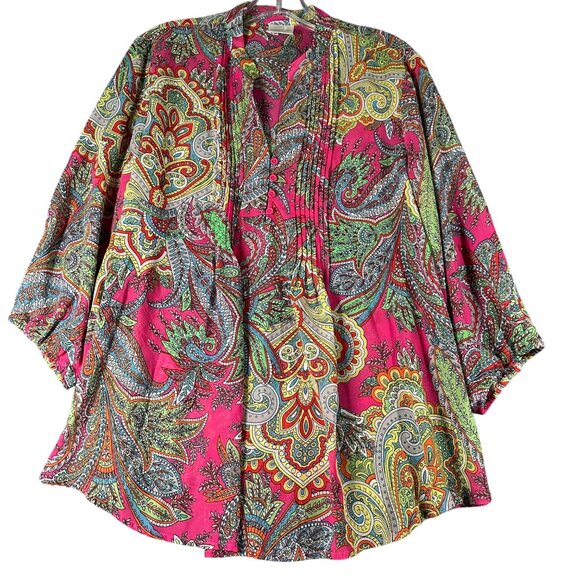 Bedford Fair Tops - Vtg Bedford Fair Womens‎ Large Pink Paisley Print Split V-Neck 3/4 Sleeve Blouse